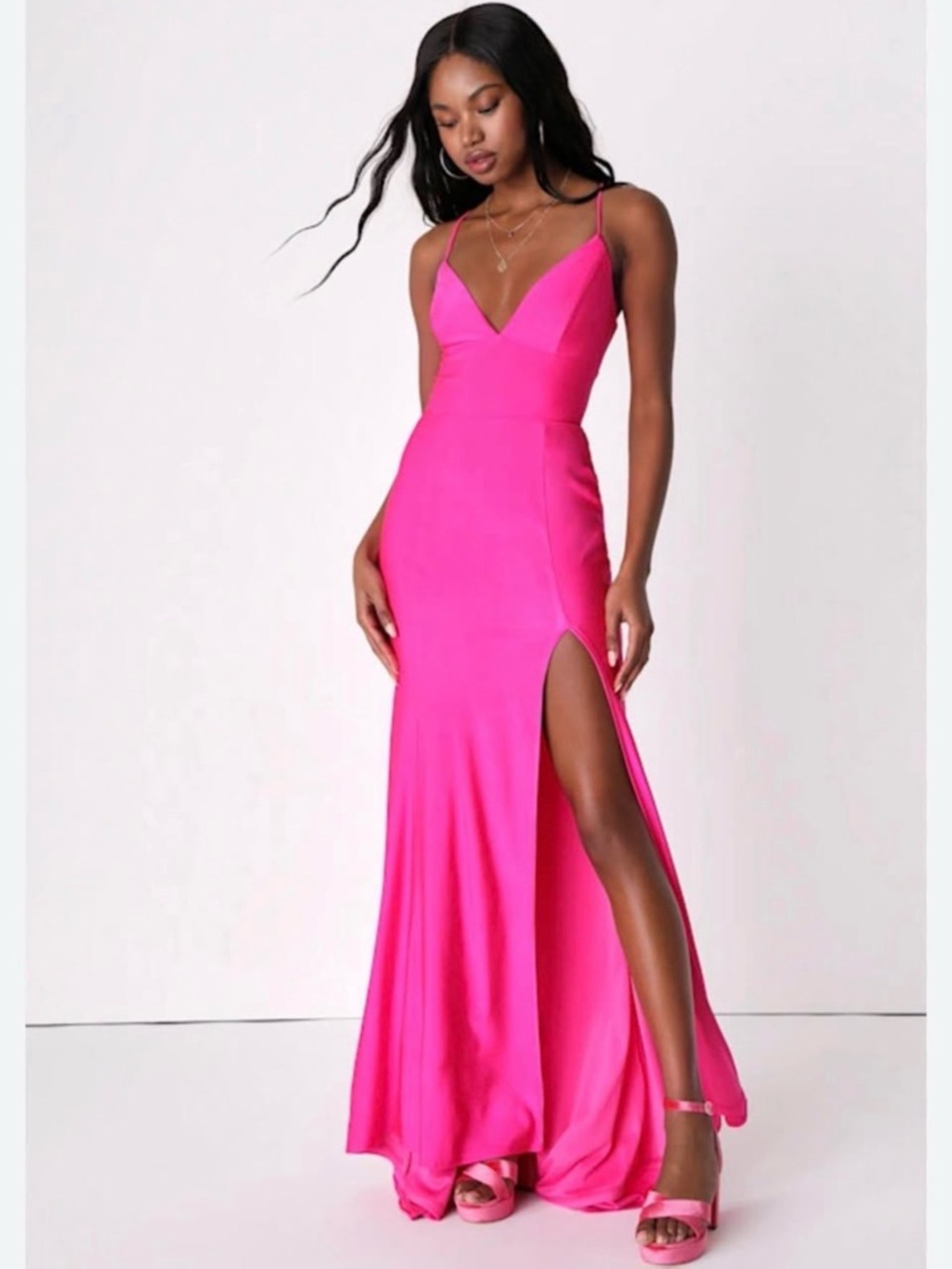 NWOT! Lulus Hot Pink Spaghetti Strap Maxi Dress with Side Slit